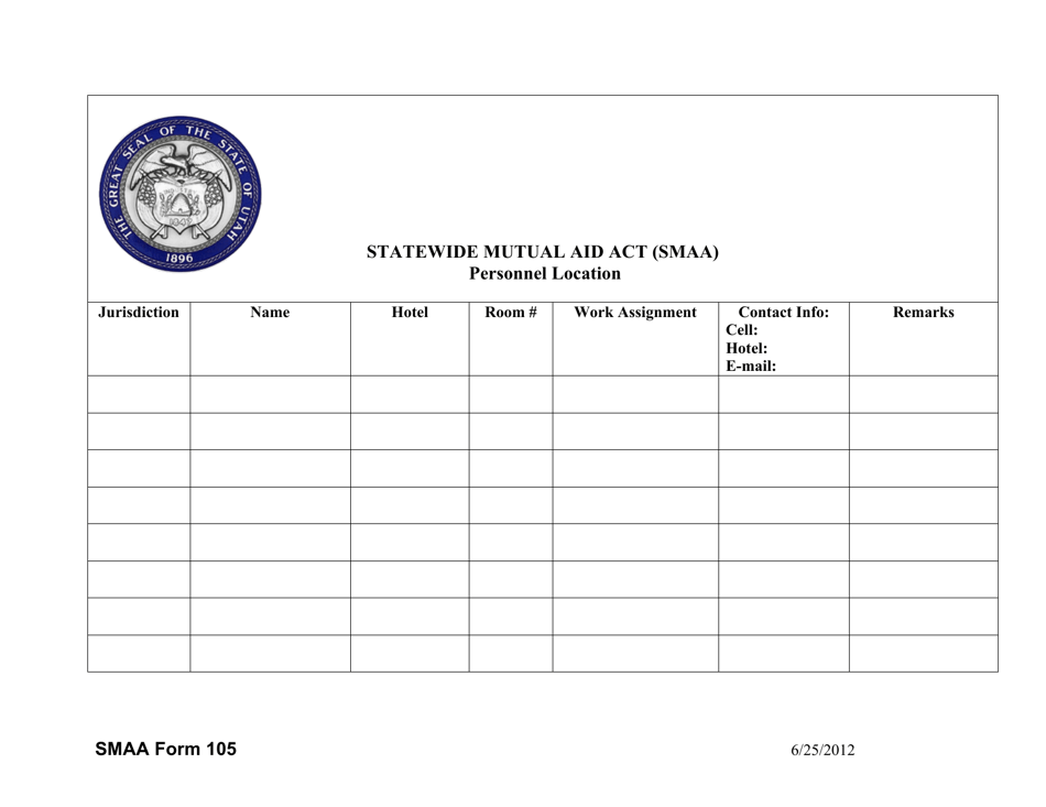 SMAA Form 105 Personnel Location - Statewide Mutual Aid Act (Smaa) - Utah, Page 1