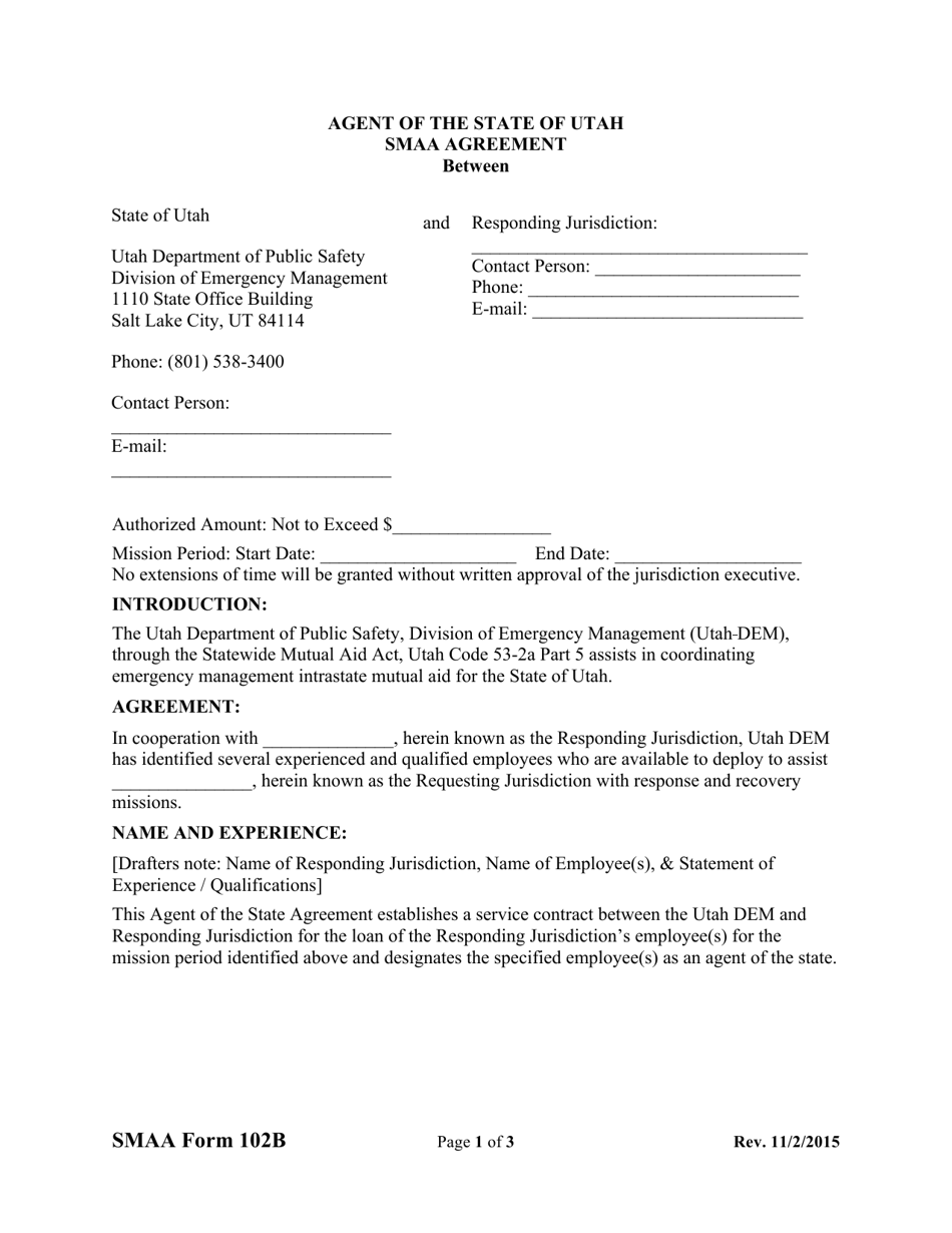 SMAA Form 102B Agent of the State of Utah Smaa Agreement - Utah, Page 1