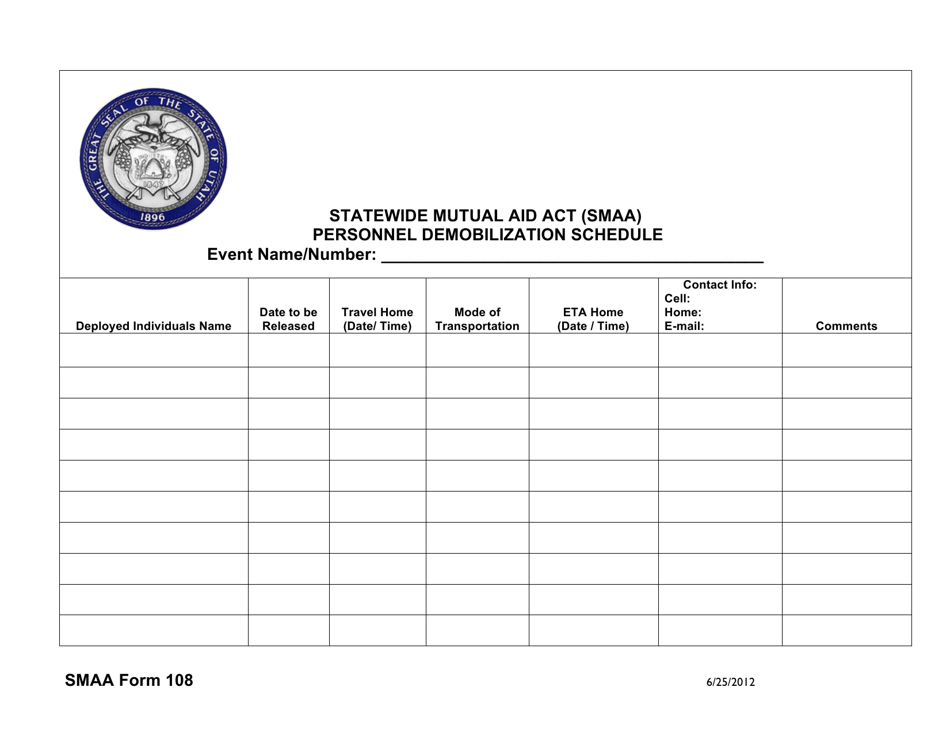 SMAA Form 108 Statewide Mutual Aid Act (Smaa) Personnel Demobilization Schedule - Utah, Page 1