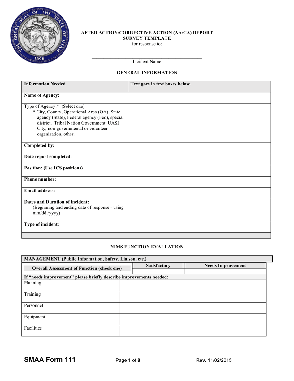 SMAA Form 111 After Action / Corrective Action (Aa / Ca) Report Survey Template - Utah, Page 1