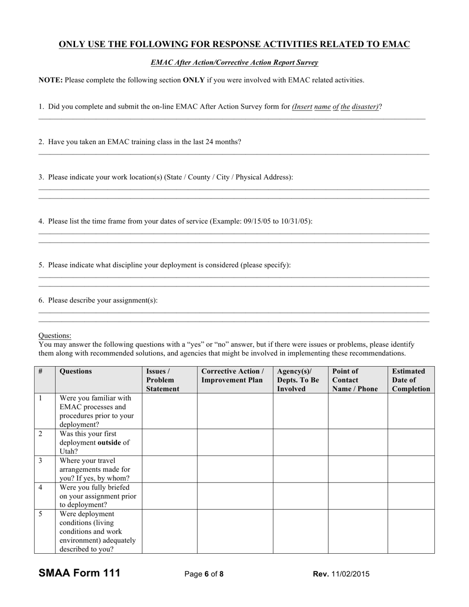 SMAA Form 111 After Action / Corrective Action (Aa / Ca) Report Survey Template - Utah, Page 6