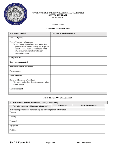 SMAA Form 111 After Action/Corrective Action (Aa/Ca) Report Survey Template - Utah