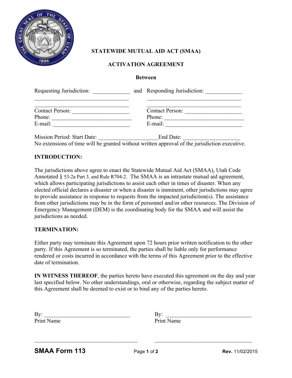 SMAA Form 113 Statewide Mutual Aid Act (Smaa) Activation Agreement - Utah, Page 1