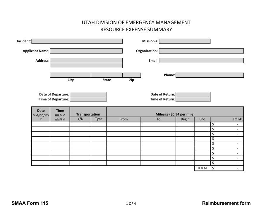 SMAA Form 115 Resource Expense Summary - Utah, Page 1
