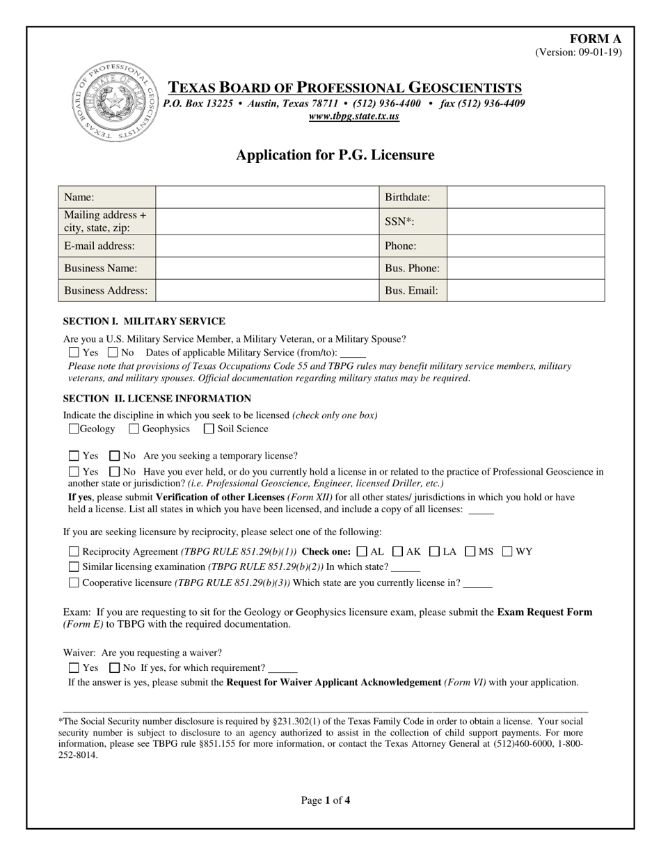 Form A Application for P.g. Licensure - Texas, Page 1