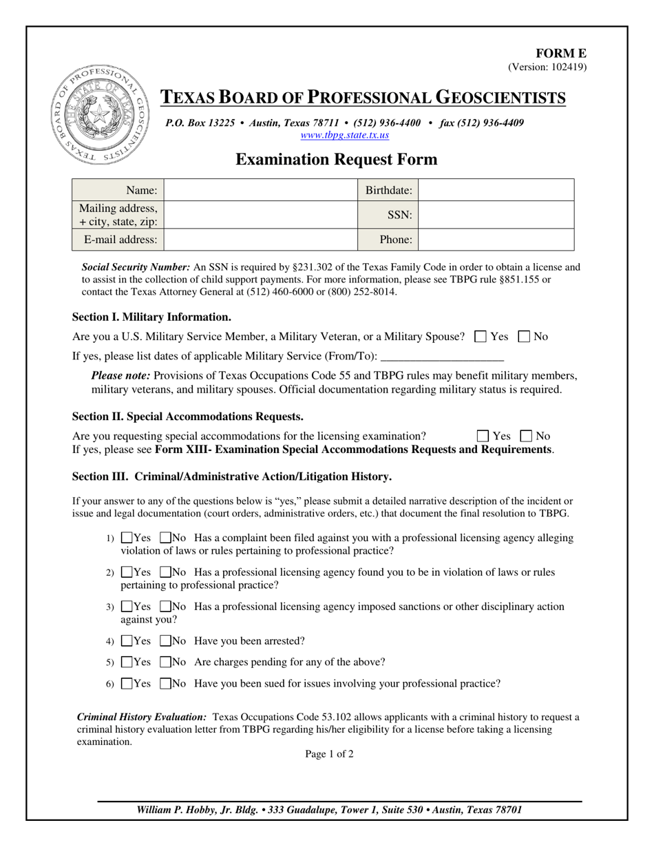 Form E Examination Request Form - Texas, Page 1
