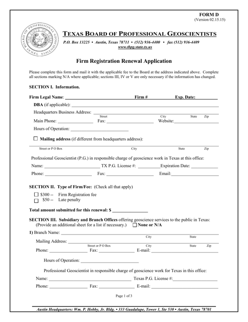 Form D Firm Registration Renewal Application - Texas