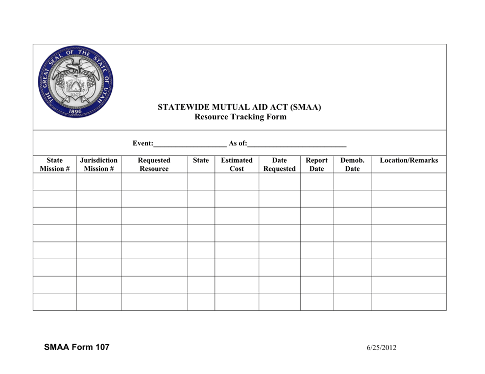 SMAA Form 107 Resource Tracking Form - Statewide Mutual Aid Act (Smaa) - Utah, Page 1