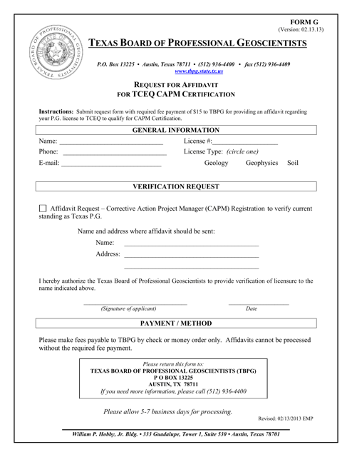 Form G Request for Affidavit for Tceq Capm Certification - Texas