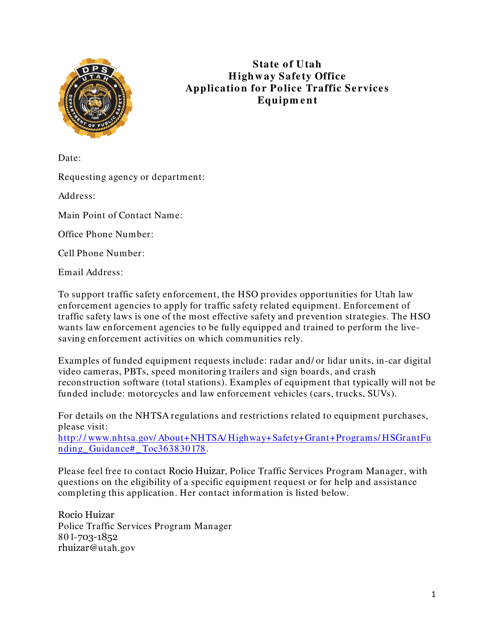 Application for Police Traffic Services Equipment - Utah Download Pdf