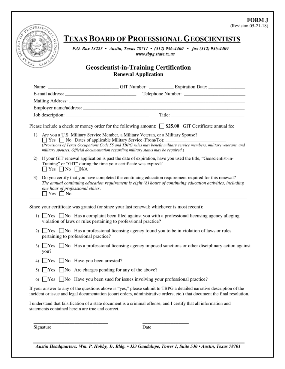 Form J Geoscientist-In-training Certification Renewal Application - Texas, Page 1