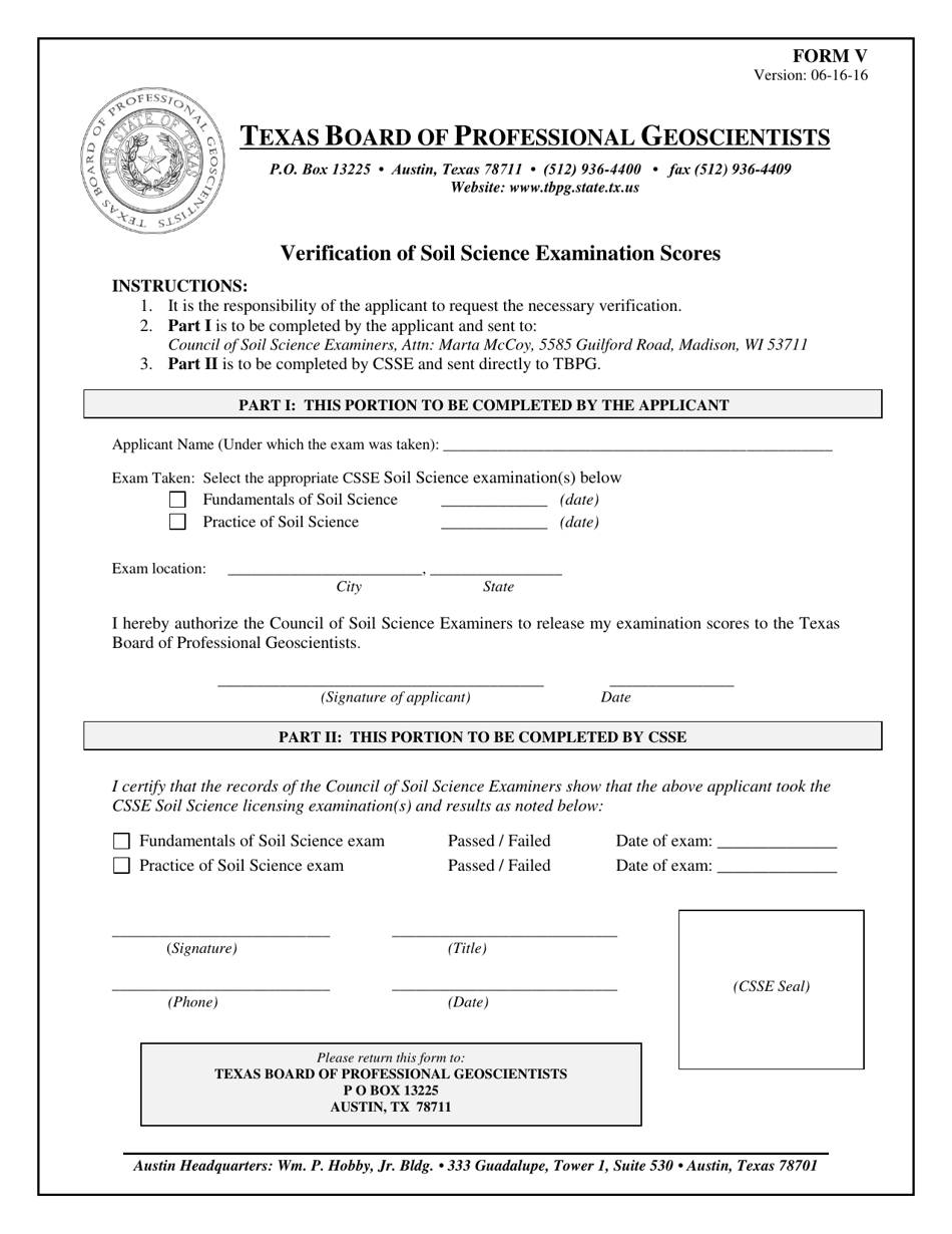 Form V Verification of Soil Science Examination Scores - Texas, Page 1