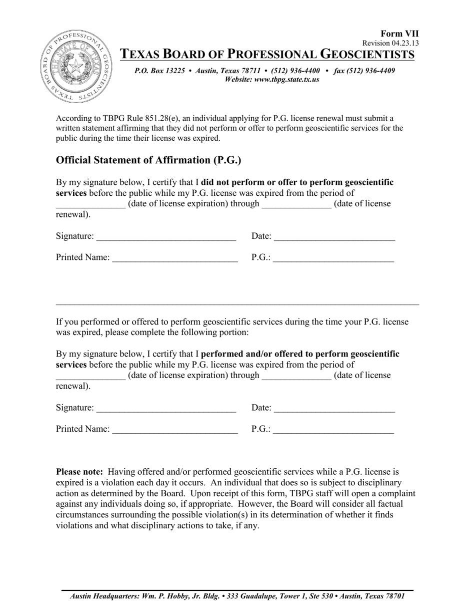 Form VII Official Statement of Affirmation (P.g.) - Texas, Page 1