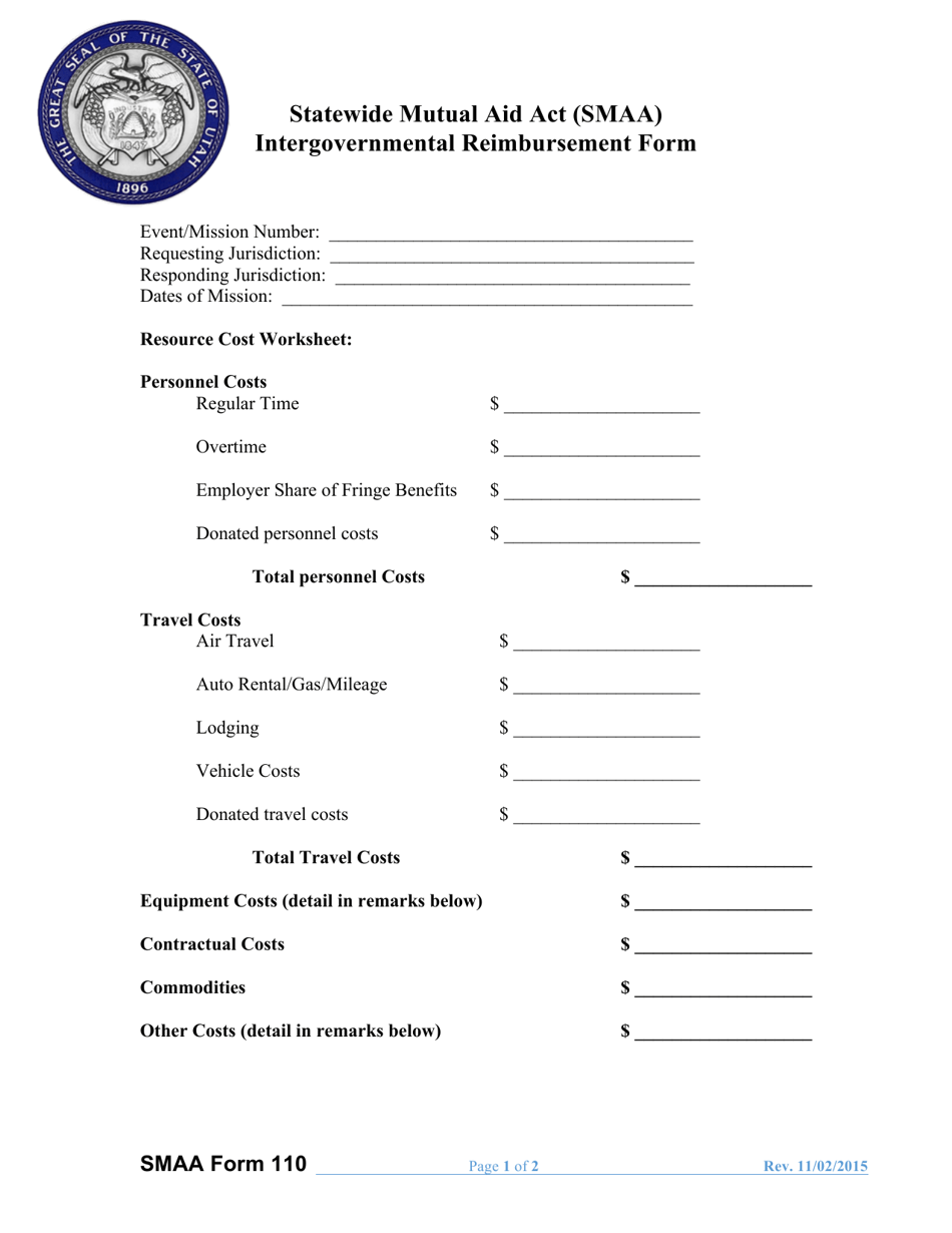 SMAA Form 110 Statewide Mutual Aid Act (Smaa) Intergovernmental Reimbursement Form - Utah, Page 1