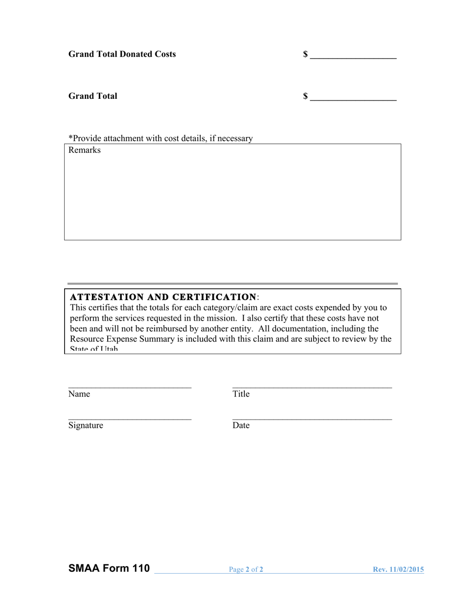 SMAA Form 110 Statewide Mutual Aid Act (Smaa) Intergovernmental Reimbursement Form - Utah, Page 2