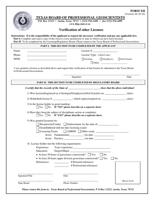 Form XII Verification of Other Licenses - Texas