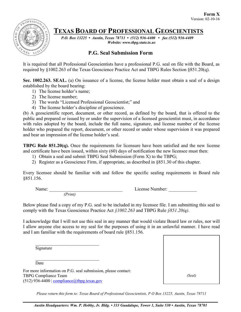 Form X P.g. Seal Submission Form - Texas, Page 1