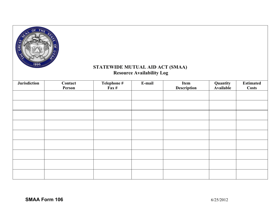 SMAA Form 106 Resource Availability Log - Statewide Mutual Aid Act (Smaa) - Utah, Page 1