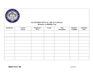 SMAA Form 106 Resource Availability Log - Statewide Mutual Aid Act (Smaa) - Utah