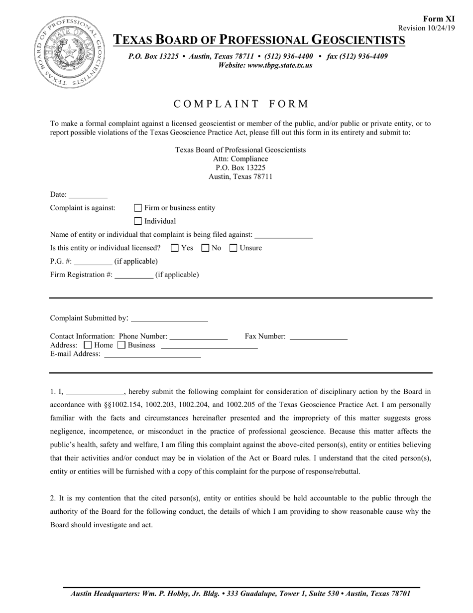 Form XI Complaint Form - Texas, Page 1