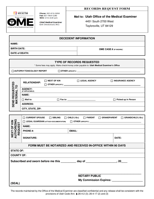Records Request Form - Utah Download Pdf