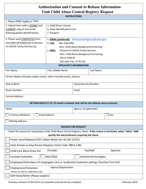 Child Abuse Registry Request Form - Utah Download Pdf