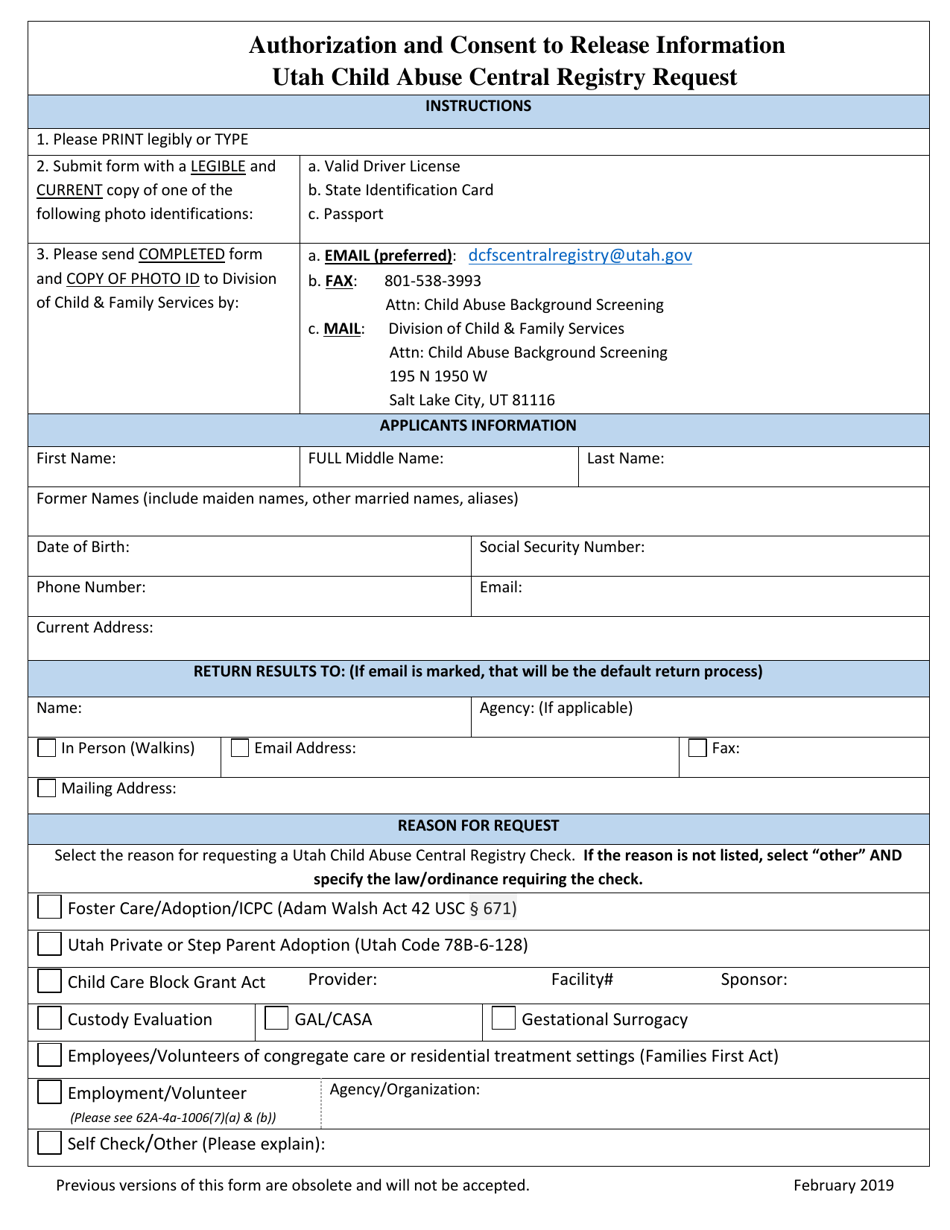 Child Abuse Registry Request Form - Utah, Page 1