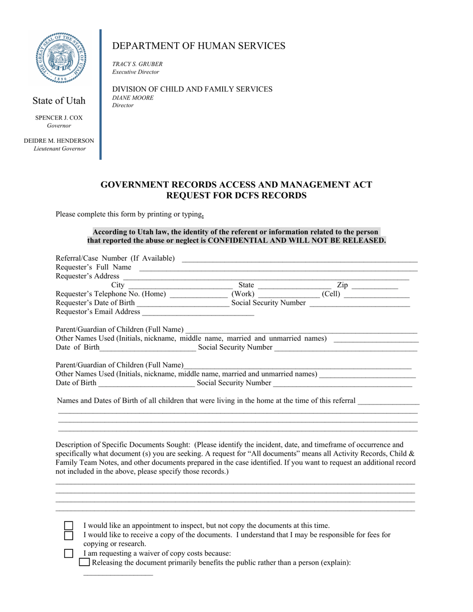 Government Records Access and Management Act Request for Dcfs Records - Utah, Page 1