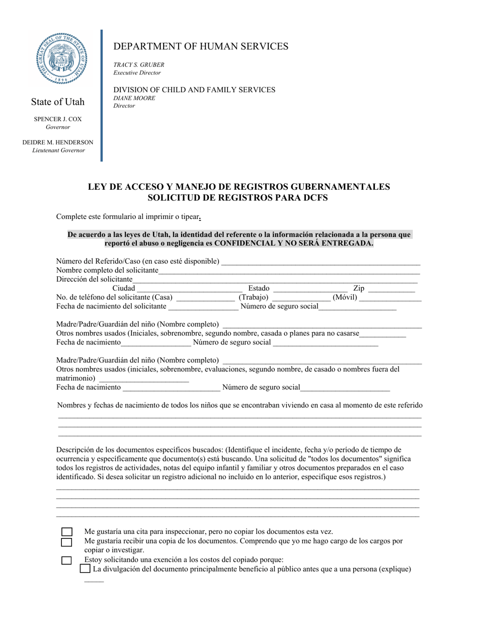 Ley De Acceso Y Manejo De Registros Gubernamentales Solicitud De Registros Para Dcfs - Utah (Spanish), Page 1