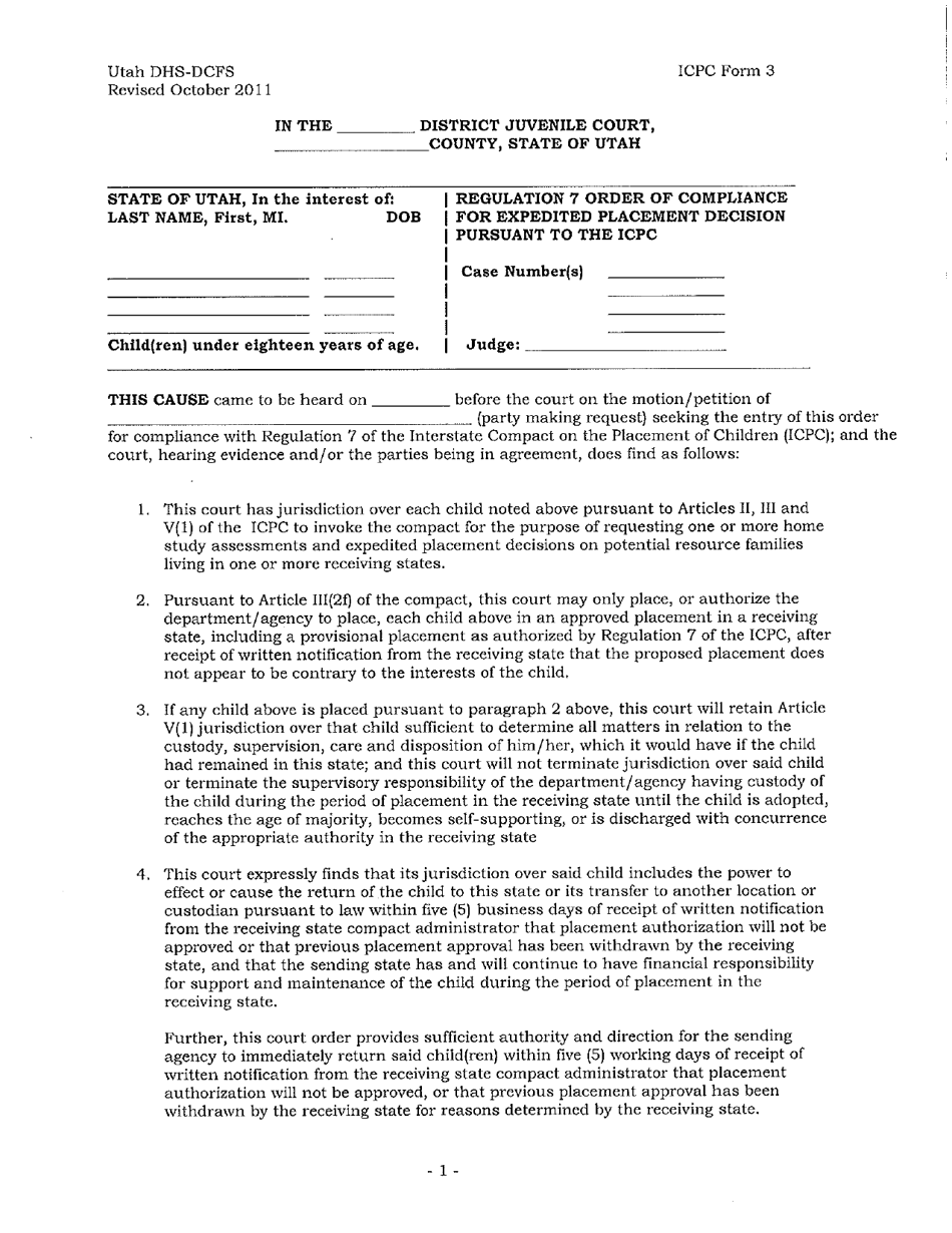 ICPC Form 3 Regulation 7 Order of Compliance for Expedited Placement Decision Pursuant to the Icpc - Utah, Page 1