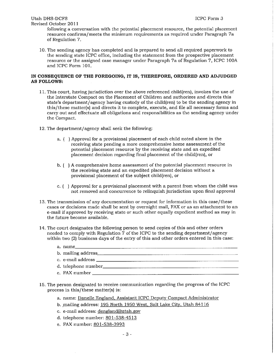 ICPC Form 3 Regulation 7 Order of Compliance for Expedited Placement Decision Pursuant to the Icpc - Utah, Page 3