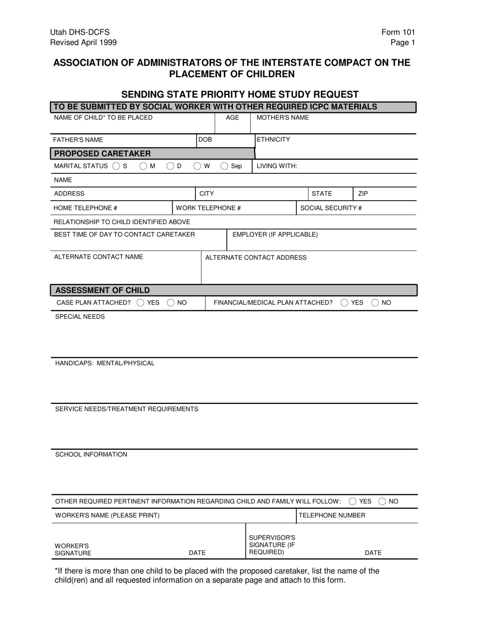 Form 101 Sending State Priority Home Study Request - Utah, Page 1