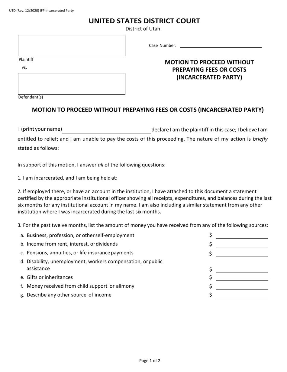 Motion to Proceed Without Prepaying Fees or Costs (Incarcerated Party) - Utah, Page 1