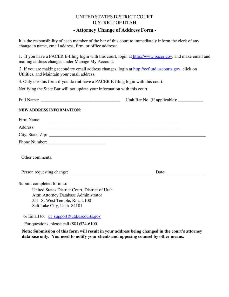 Attorney Change of Address Form - Utah, Page 1