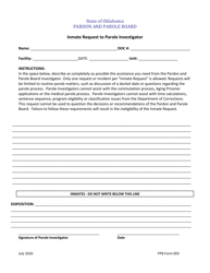 PPB Form 003 &quot;Inmate Request to Parole Investigator&quot; - Oklahoma