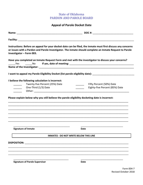 Form 004-7 Appeal of Parole Docket Date - Oklahoma