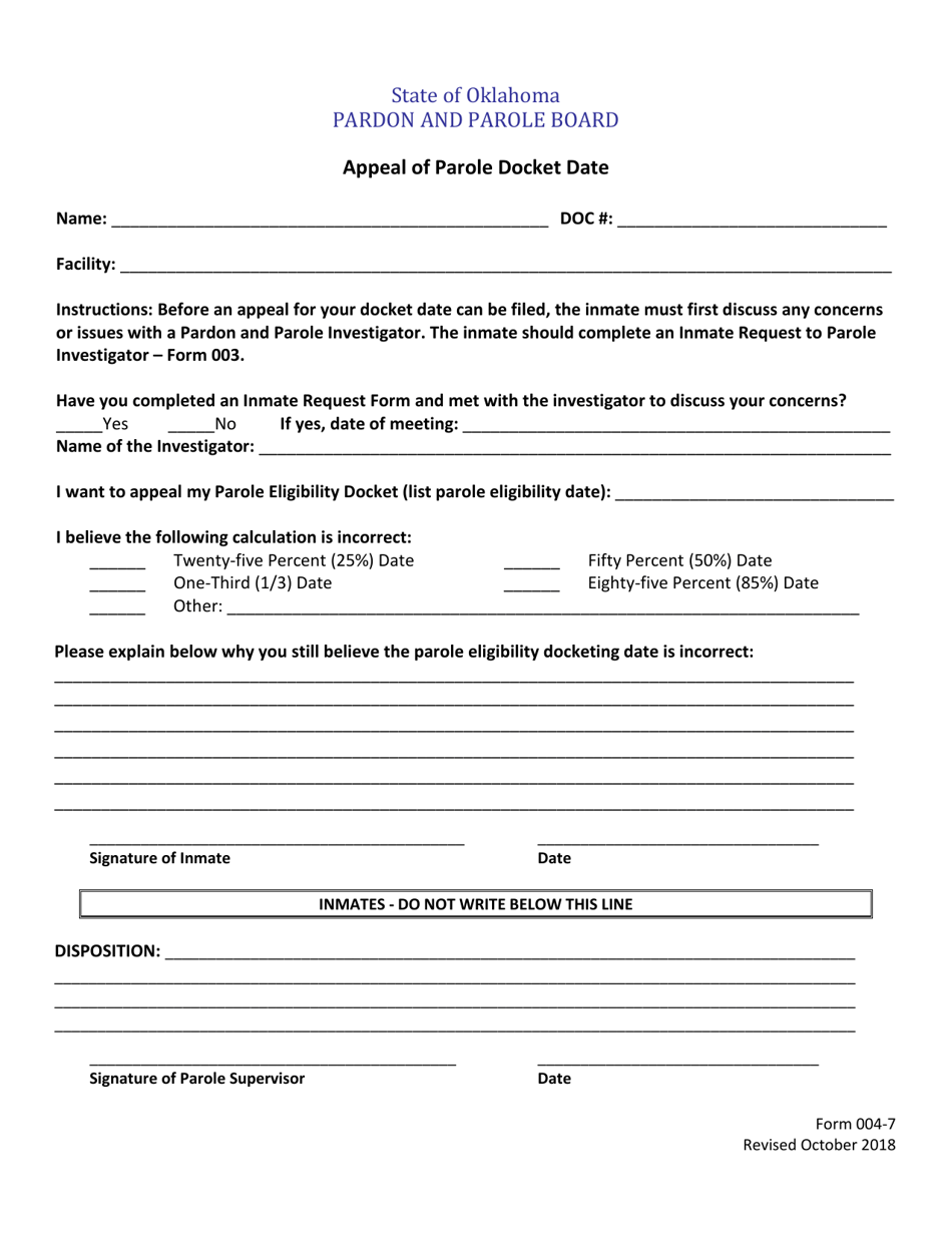 Form 004-7 Appeal of Parole Docket Date - Oklahoma, Page 1