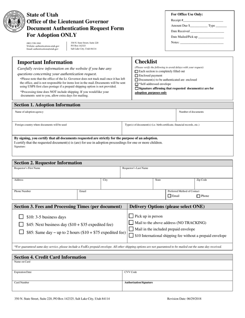 Document Authentication Request Form for Adoption Only - Utah Download Pdf