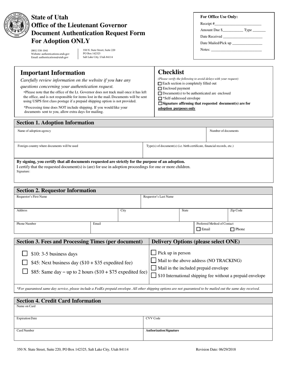 Document Authentication Request Form for Adoption Only - Utah, Page 1