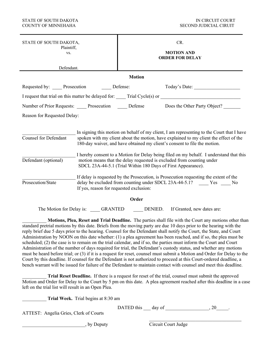 Motion and Order for Delay - Minnehaha County, South Dakota, Page 1