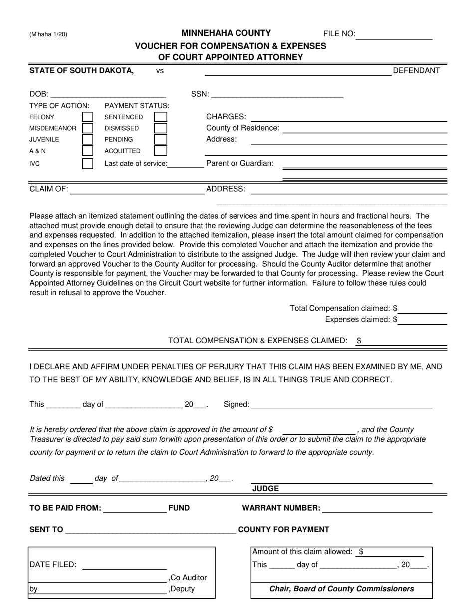 Voucher for Compensation  Expenses of Court Appointed Attorney - Minnehaha County, South Dakota, Page 1