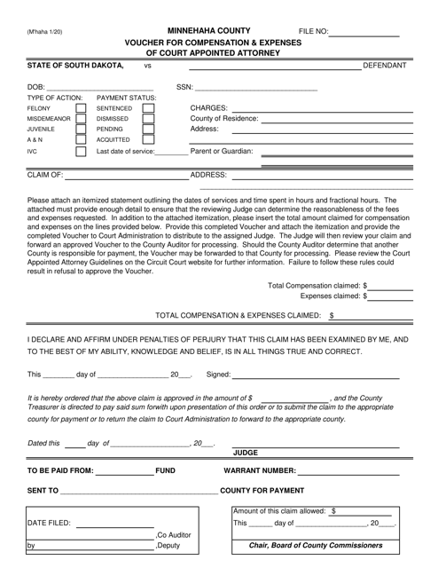 Voucher for Compensation & Expenses of Court Appointed Attorney - Minnehaha County, South Dakota Download Pdf