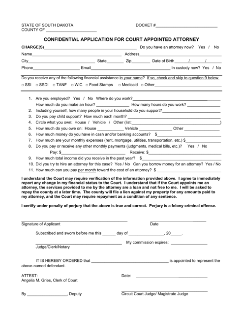 Confidential Application for Court Appointed Attorney - South Dakota