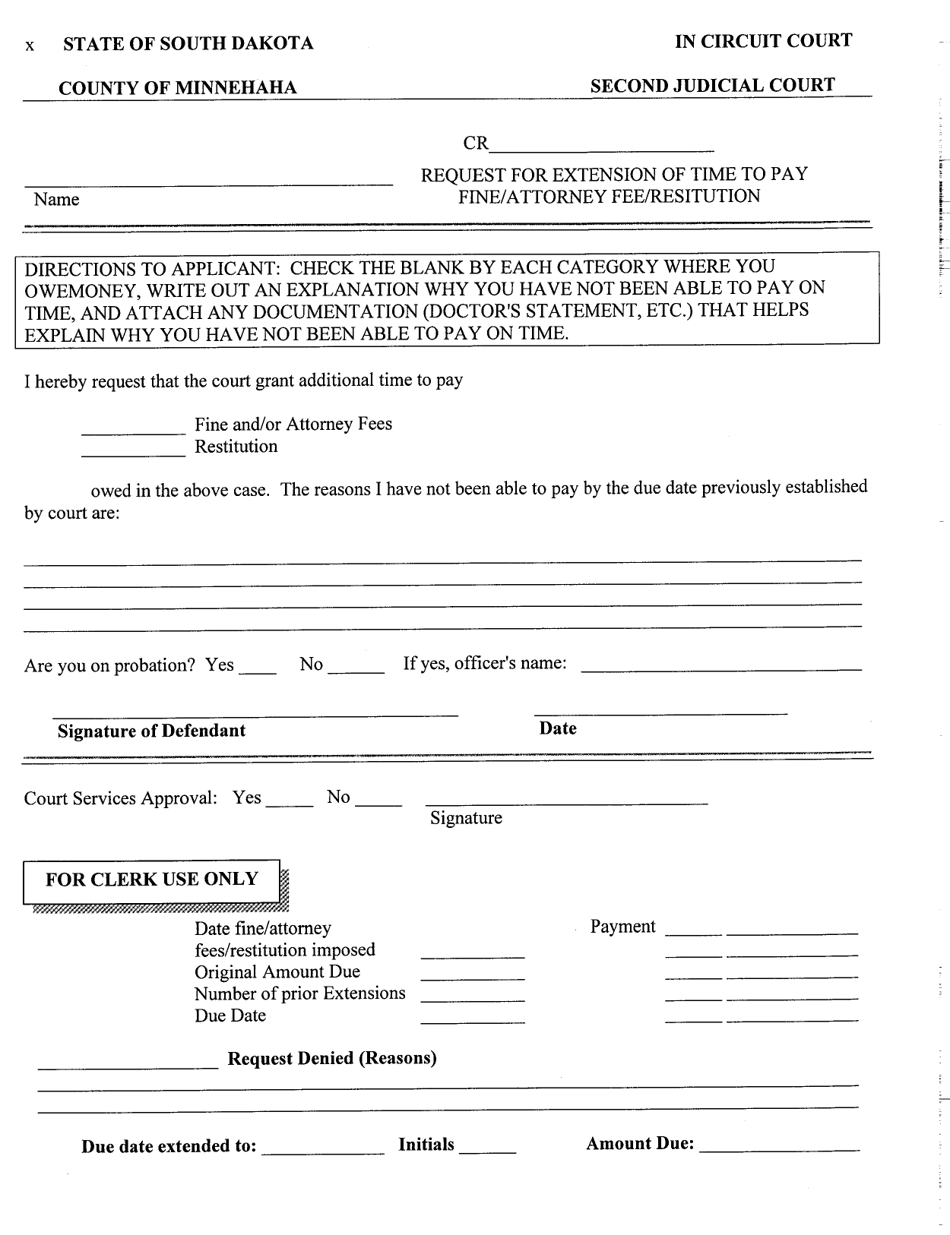 Request for Extension of Time to Pay Fine / Attorney Fee / Restitution - County of Minnehaha, South Dakota, Page 1