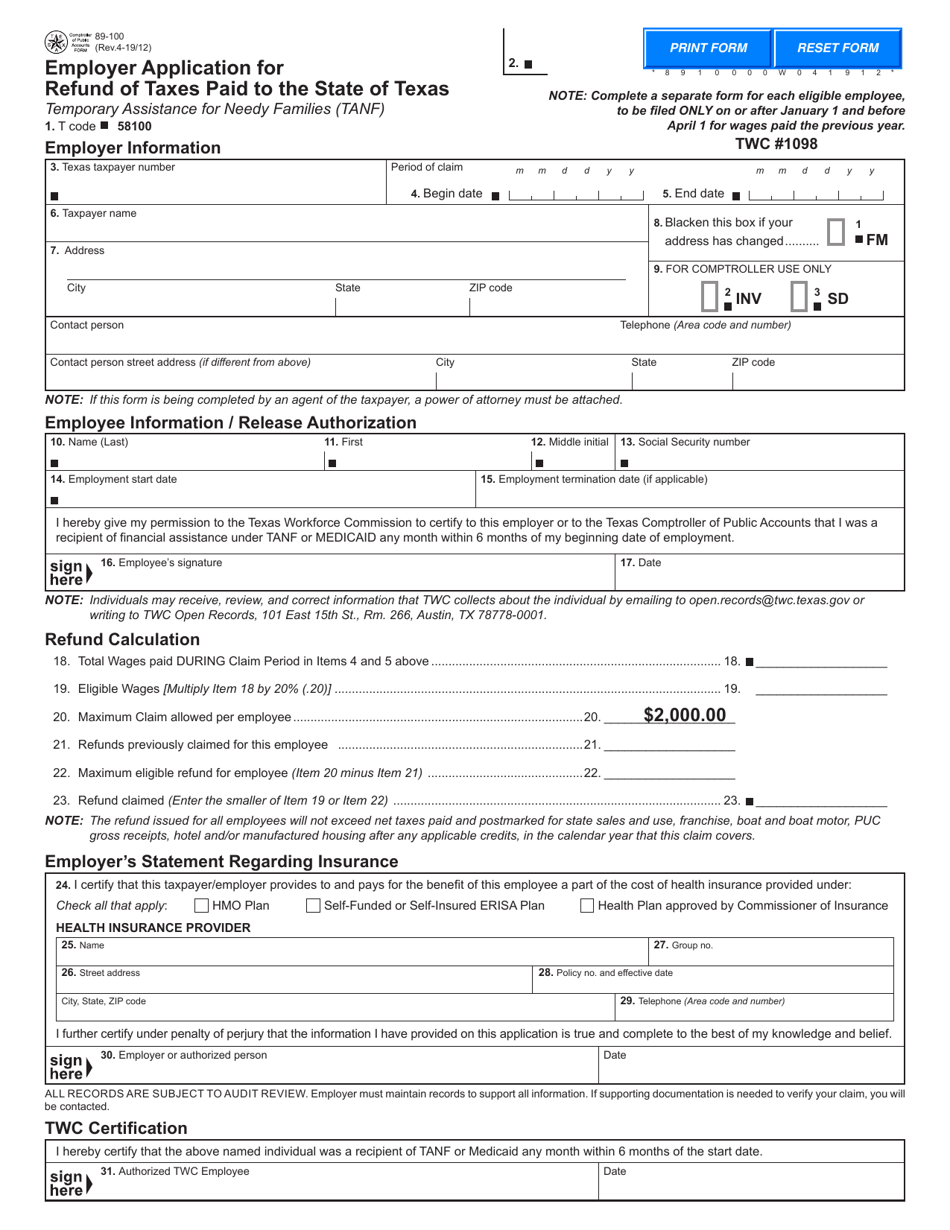 Form 89-100 Application for Refund of Taxes Paid for an Eligible Employer of a Certified Recipient of Temporary Assistance for Needy Families (TANF) or Medicaid - Texas, Page 1