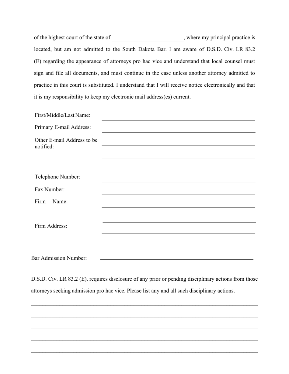 South Dakota Motion for Admission Pro Hac Vice - Fill Out, Sign Online ...