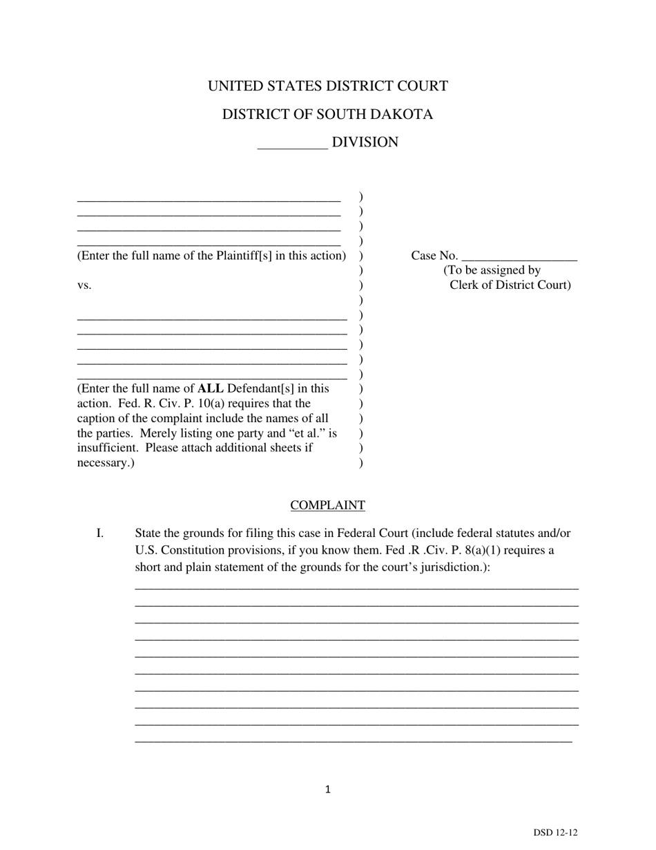 Civil Complaint - Pro Se - South Dakota, Page 1