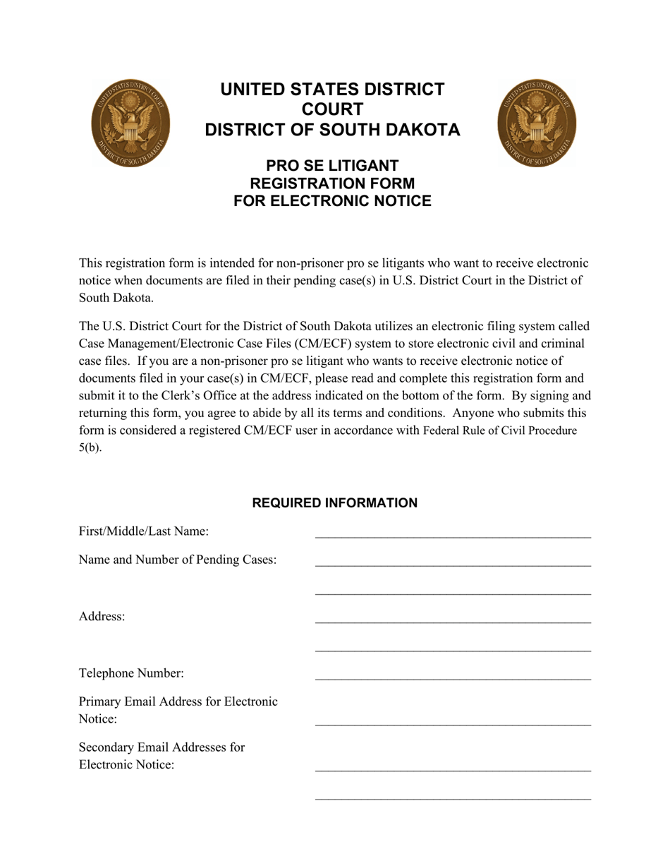Pro Se Litigant Registration Form for Electronic Notice - South Dakota, Page 1