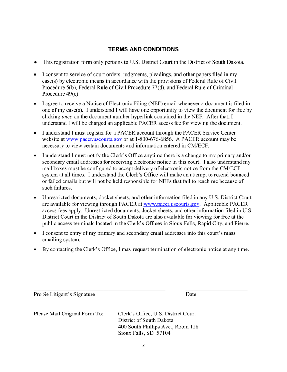 Pro Se Litigant Registration Form for Electronic Notice - South Dakota, Page 2