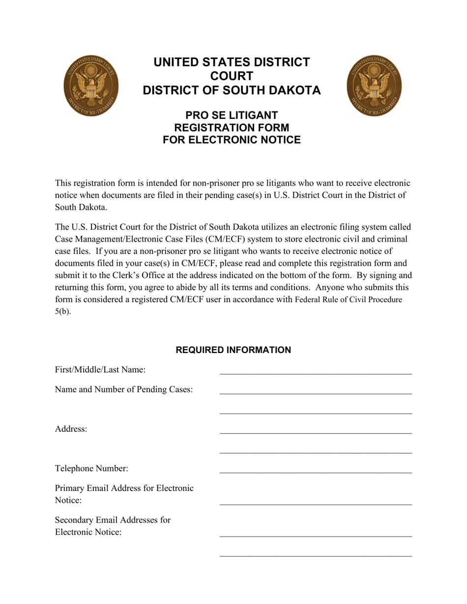 South Dakota Pro Se Litigant Registration Form for Electronic Notice